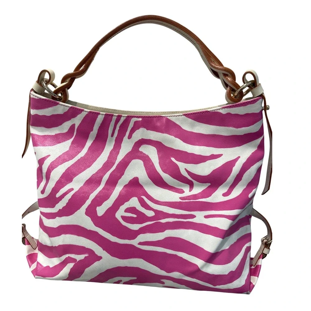 Dooney & Bourke pink white zebra print hobo handbag  leather straps‎ gold logo